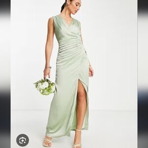 Liquorish Tall Bridesmaid Satin Wrap Front Maxi Dress In Fresh Sage Green Sz 12